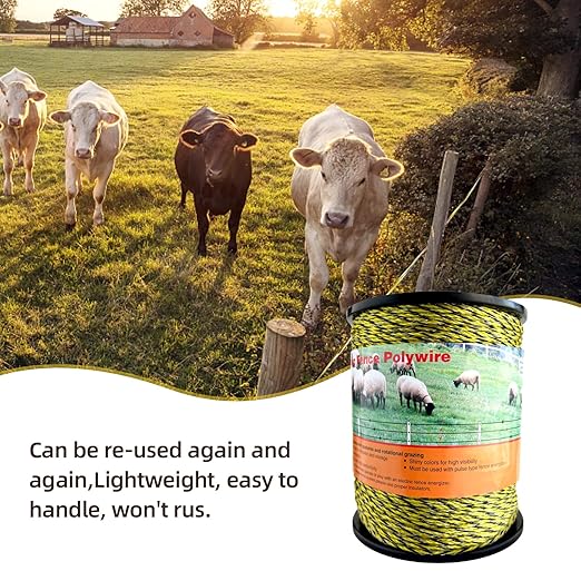 Electric Fence Polywire Upgraded 1722 Feet，525 Meter，6 Stainless Steel Strands for Reliable Conductivity and Rust Resistance，Portable Electric Fence Rope