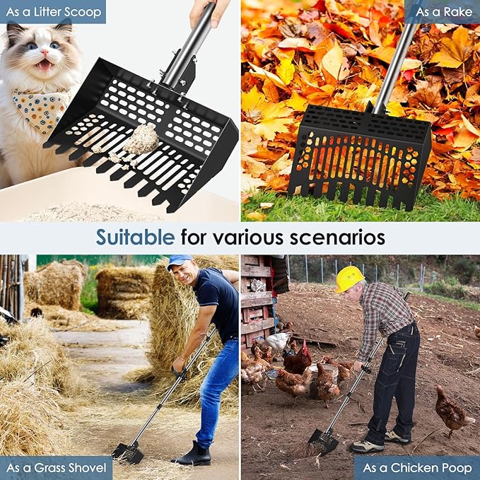 Zoned Sifting Chicken Manure Scoop - 3-in-1 Rake & Sifter with Adjustable Stainless Handle Chicken Poop Shovel for Stand-Up Coop Cleaning, Cat Litter, Beach Sand & Horse Stall, Black