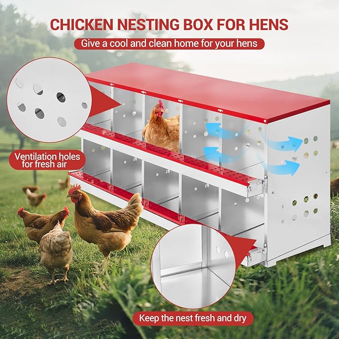 Heavy Duty Metal Chicken Nesting Box – 10 Compartments, Roll-Out Egg Tray, Pull-Out Cleaning Tray, Swing Perch, Wall Mount, with Cover-Red, 160×48×71cm