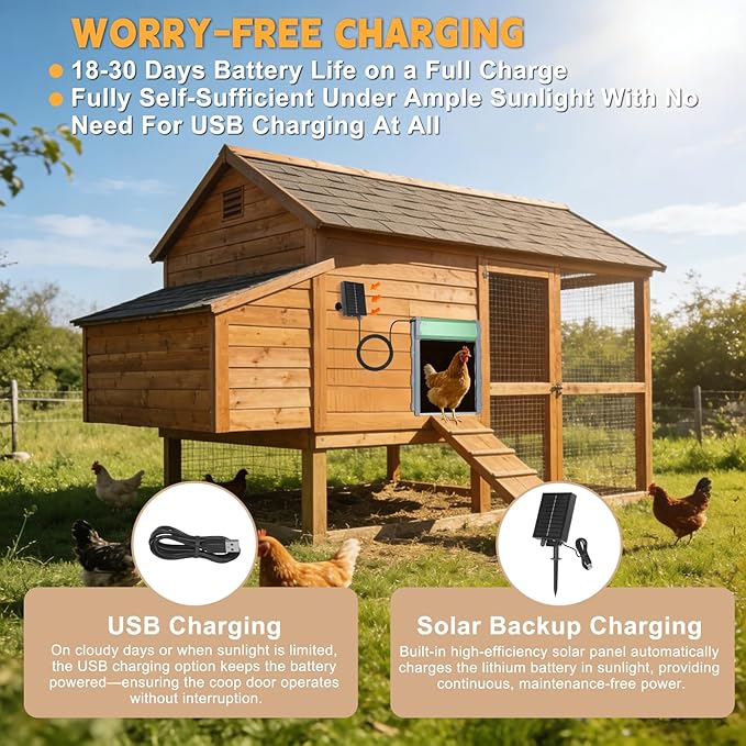 Automatic Chicken Coop Door, Solar Powered Chicken Coop Door with Timer & Light Sensor, Anti-Pinch Function, 4 Modes, Remote Control, IP65 Weatherproof for All Seasons