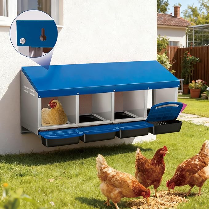 4-Hole Chicken Nesting Boxes for Farm,Corrosion-Resistant Metal Nesting Boxes with Egg Collection Tray,Wall Mount/Freestanding Poultry Laying Boxes for Chicken Coops and Hens,Blue