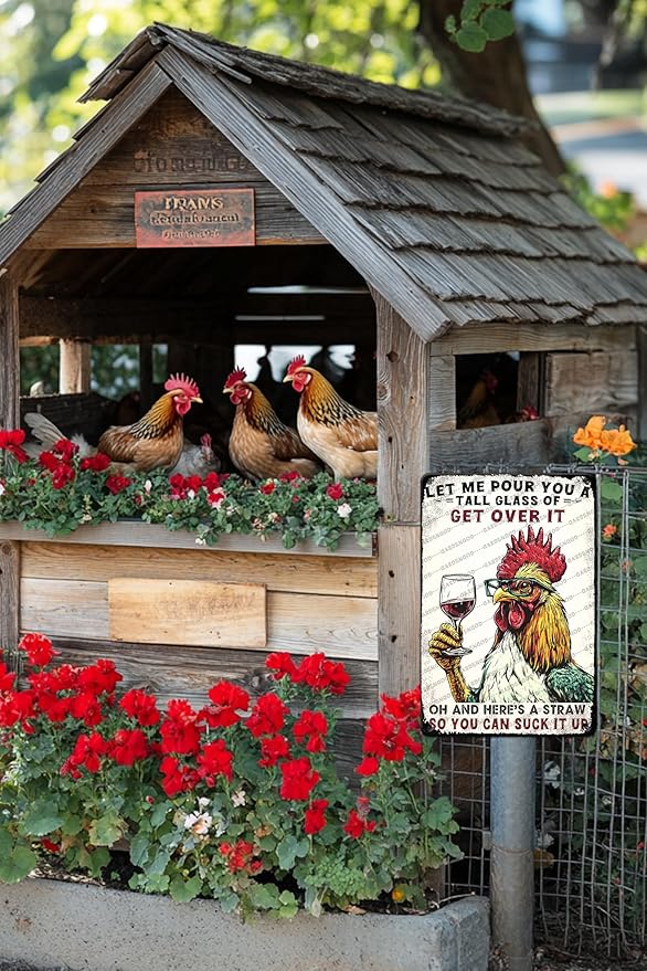 Chicken Sign Metal Tin Sign Funny Chicken Coop Wall Decor Let Me Pour You A Tall Glass Of Get Over It Chicken Decor Sign For Home Cafe Bar Cave Farm Wall Art Decor 12x8 Inch