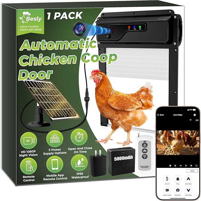 WiFi Automatic Chicken Coop Door,App&Remote Control Chicken Door with 1080P HD Camera,5000mAh Battery,Timer,Anti-Pinch Protection & Security Alarm,Solar Powered or USB Charging