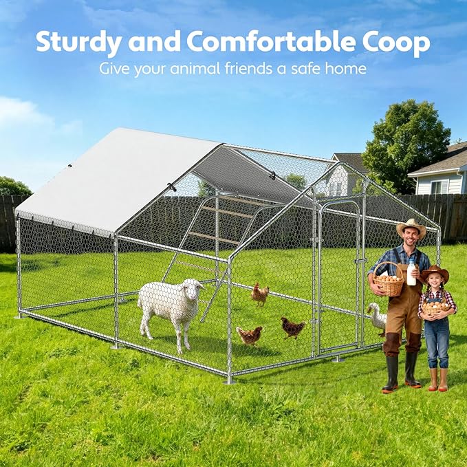 Large Metal Chicken Coop with Waterproof and UV-Resistant Cover,Chicken Run Outdoor Walk-in Cage Rabbit Duck Hen House for Yard Farm Use Spire Roof(10’ W x 10’ L x 6.5’ H)