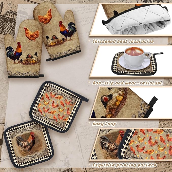 10 Pcs Rooster Chicken Kitchen Dish Towels Rugs Oven Mitts and Pot Holders Sets Farmhouse Rustic Rooster Kitchen Decor Set for Cooking Baking Grilling Women Mom Gift(Black, White)