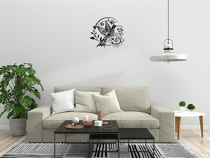 SHIMANY Black Metal Wall Art - Hummingbird Hanging Wall Sculpture with Floral Design for Bedroom, Living Room, or Reading Nook - Botanical Accent