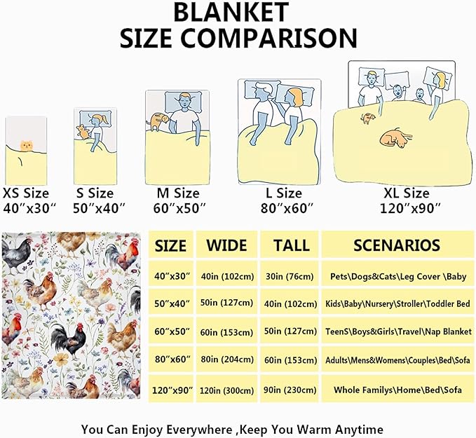 Floral Chickens Blanket | Cozy Warm Farm Chickens Plush for Couch Bed Living Room | 90"x120" Family Blanket