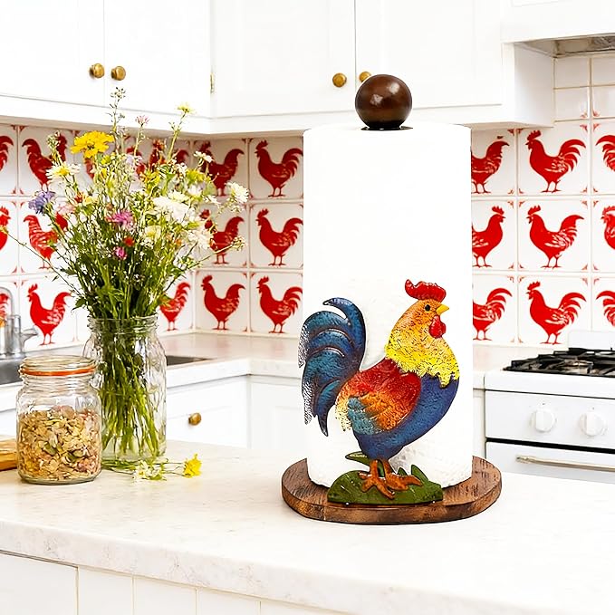 Rooster Paper Towel Holder Rooster Kitchen Decor Chicken Decor for Kitchen Roosters Farmhouse Paper Towel Holder Countertop Rustic Wood Base Paper Towel Stand