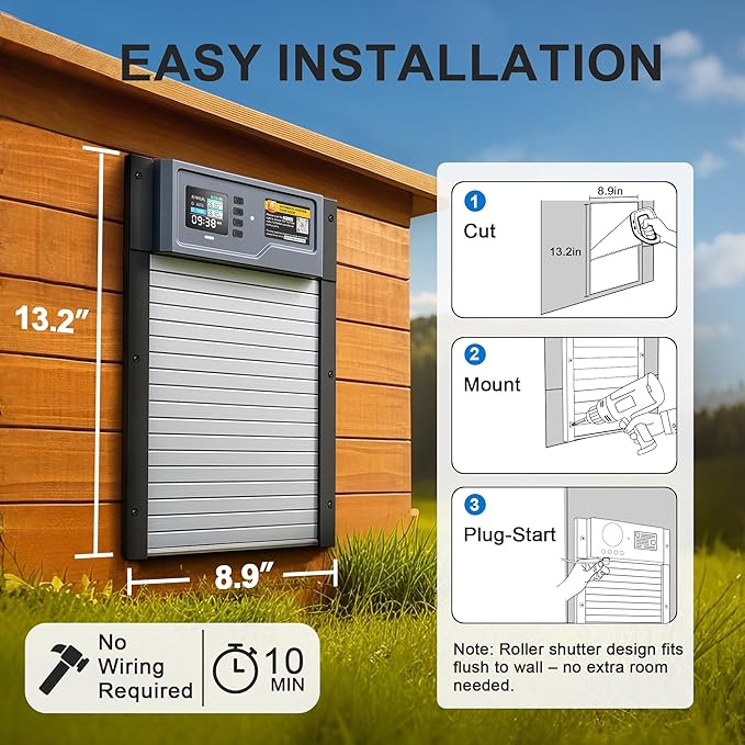 Automatic Chicken Coop Door, Solar Powered Roll-Up Chicken Door with Light Sensor, Timer & Manual Mode, 2500mAh Battery, USB-C Backup, Aluminum Frame, Anti-Pinch, for Chicken Coop Size:13.2''x8.9''