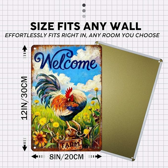 Vintage Chicken Tin Sign Welcome Retro Coop Metal Sign Funny Chicken Lovers Nostalgic Rustic Wall Decor For Home Farmhouse Poultry House Farm Outdoor Yard Bedroom 12 * 8In