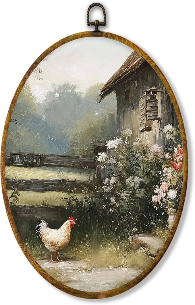 Hiuwevt Vintage Farmhouse Chicken Oval Wall Art Decor, Retro Country Farm Animal Framed Canvas Prints, Rustic Cottagecore Chicken Oval Wall Hanging Decor for Kitchen Home Decorations, 8.6x11.4 Inches