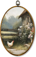 Hiuwevt Vintage Farmhouse Chicken Oval Wall Art Decor, Retro Country Farm Animal Framed Canvas Prints, Rustic Cottagecore Chicken Oval Wall Hanging Decor for Kitchen Home Decorations, 8.6x11.4 Inches