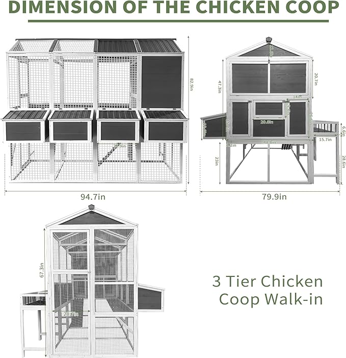 Large Chicken Coop with Chicken Run, Wooden Walk-in Chicken Coops for 10 Chickens, Outdoor Poultry Fence with Nesting Boxes, Pull Out Trays, Garden Backyard Pet Cage, 95''LX80''WX83''H