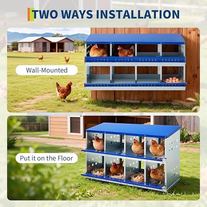 Metal Chicken Nesting Boxes - 8 Hole Wall-Mountable Laying Boxes with Roll-Away Egg Collection, Weatherproof Galvanized Steel, for Chicken Coop, Blue
