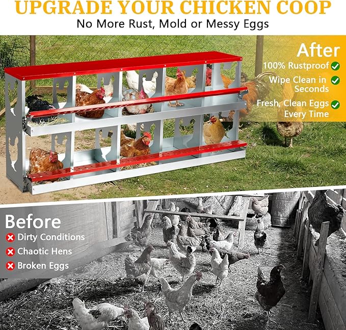 Chicken Nesting Box for Laying Eggs,Wall-Mountable Chicken Coop Nesting Boxes,10 Hole Roll Away Nesting Boxes,with Large Vented Holes,for Chickens,Ducks,Large Egg Laying Boxes (Red 10 Hole)