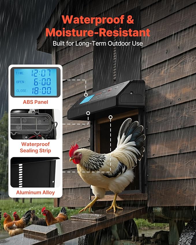 VEVOR Automatic Chicken Coop Door, Battery Powered Chicken Coop Door with Timer & Manual Setting, Anti-Pinch Security, Durable Aluminum Alloy, Auto Chick Run Gate Opener with Waterproof Sealing, Black