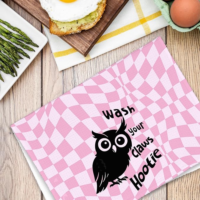 Cute Owl Pink Bathroom Kitchen Towels, Wash Your Claws Hand Towel for Girly Room, Funny Gifts for Owl Lovers, Trendy Preppy Checkered Dish Towels Decor for Dorm Home 16x24in