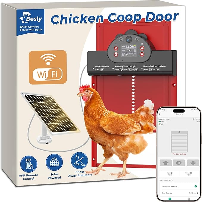 WiFi Automatic Chicken Coop Door with 2K HD Camera, Solar Powered Chicken Door with Anti-Pinch Function, Timer, Security Alarm, 9000mAh Battery, Chicken Coop Accessories