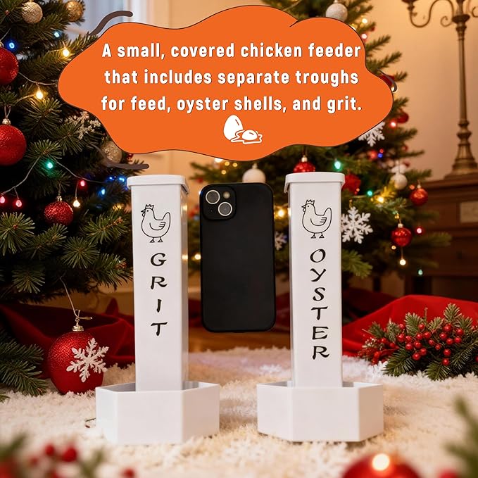 Chicken Grit and Oyster Shell Feeder, 2 Pack Hanging Wall Mount Chicken Feeder Combo, Waterproof ABS Automatic Gravity Poultry Feeder with Lid Rounded Edges, Coop Accessories for Healthier Hens & Eggs