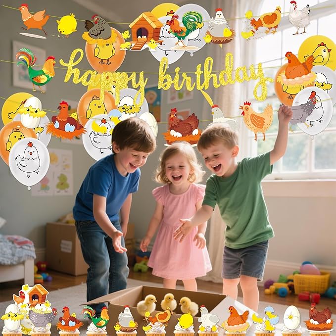Chicken Party Decorations Gold Glitter Happy Birthday Banner Chicken Paper Garlands Chick Balloons Cake Cupcake Topper for Spring Easter Farm Theme Party Decor Supplies