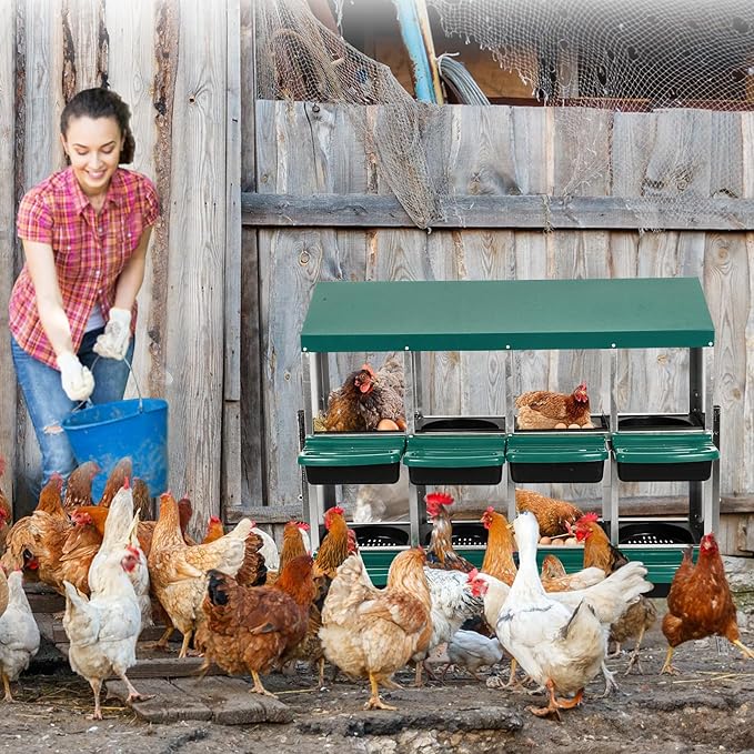 Chicken Nesting Box, 8-Hole Metal Wall Mount Chicken Laying Boxes with Legs and Lid Cover, Easy to Assemble, Roll-Away Egg Design Nesting Boxes for Outdoor Chicken Coop & Farm Yard, Green