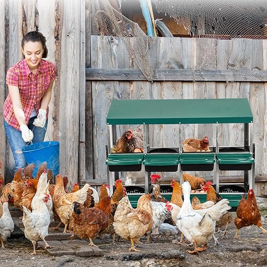 Garvee Chicken Nesting Boxes, 8 Hole Metal Chicken Laying Box with Removable Trays and Roll Out Egg Collection for Chicken Coop, with Metal Legs, Green
