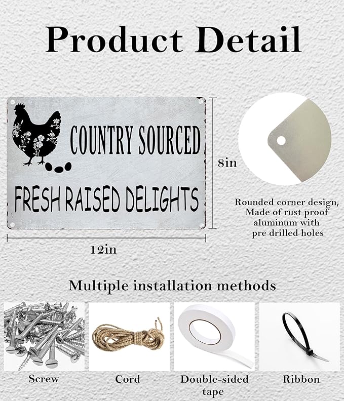 8x12-In Vintage Chicken Wall Sign – “Stroll Around See What You Find” Rustic Metal Art for Farmhouse Kitchen, Chicken Coop, Garden – Weatherproof Aluminum Decor, Funny Country Decor Gift - F