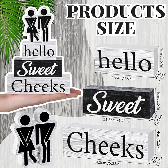 Jetec 4 Pcs Bathroom Shelf Decor Signs Hello Sweet Cheeks Wooden Sign Rustic Toilet Restroom Tabletop Decoration Funny Bathroom Decor for Farmhouse Apartment Shelves Toilet Restroom Home Tabletop Desk