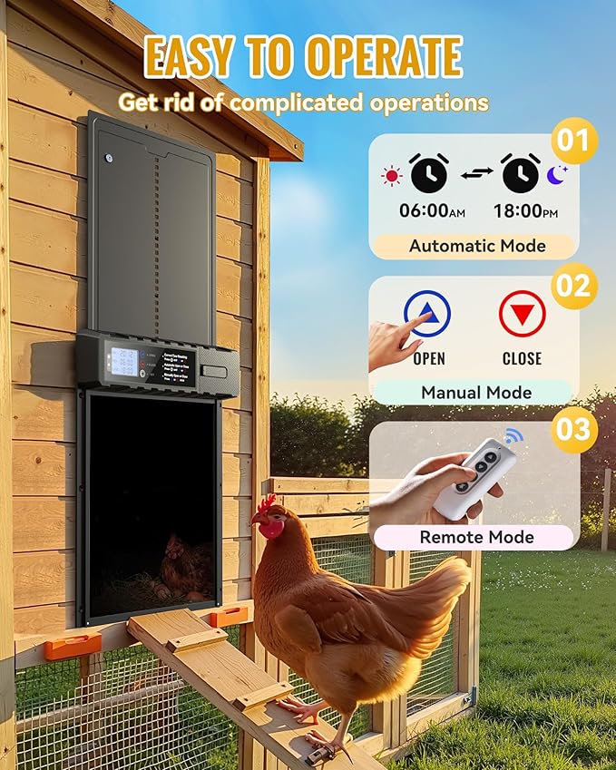 Automatic Chicken Coop Door Solar Powered with XL Large Size 10.8″x 14.2″ Auto Chicken Door Design with USB-C Charging & 3 Modes, Anti-Pinch & Aluminum Alloy Weather Proof-Black