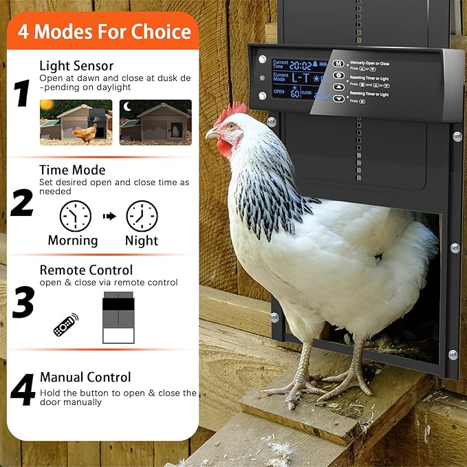 Automatic Chicken Coop Door, Solar Powered Aluminum Chick Coops Doors Opener with Timer & Light Sensor, Anti-Pinch, Remote Control 4 Modes Auto Coop Doors for Chicken