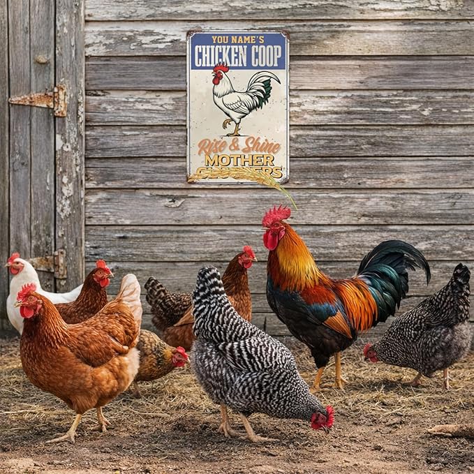 Personalized Chicken Coop Sign Custom Name Rise And Shine White Rooster Metal Tin Wall Art Rustic Farmhouse Decor Backyard Barn Garden Gift For Poultry Lovers