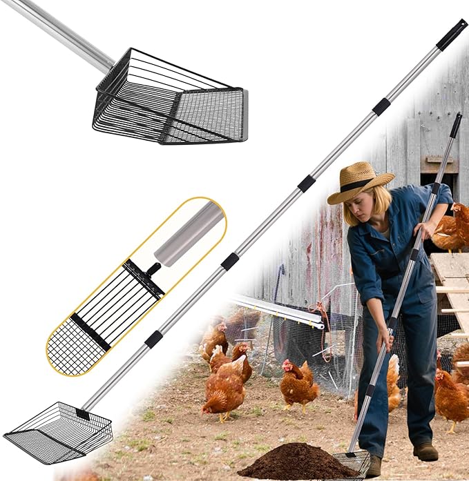 10 Inch Chicken Coop Poop Scoop, Metal Litter Shovel with 22–77" Adjustable Stainless-Steel Handle, Screw-Connected Design, Wide Sifting Scoop for Sand and Fine Shavings, Poultry Coop Cleaning Tool