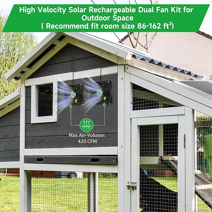5.5" Solar Rechargeable 2 Fan Kit for Intake or Exhaust air, Weatherproofed 50W Solar Powered Fans for Outside Chicken Coops, Greenhouses, Shed, Pet House Air Ventilation