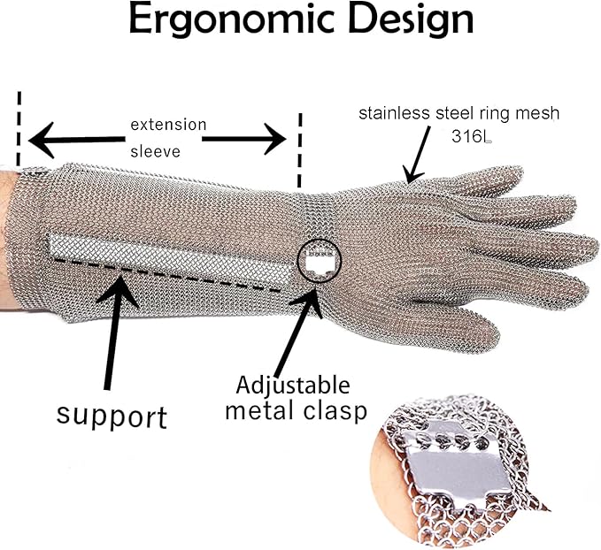 15cm Long Chainmail Glove for Butcher, Finger Protective Safety Work Glove, Cut Resistant Glove Food Grade,316L Stainless Steel Metal Mesh Gloves with Metal Craw (L)
