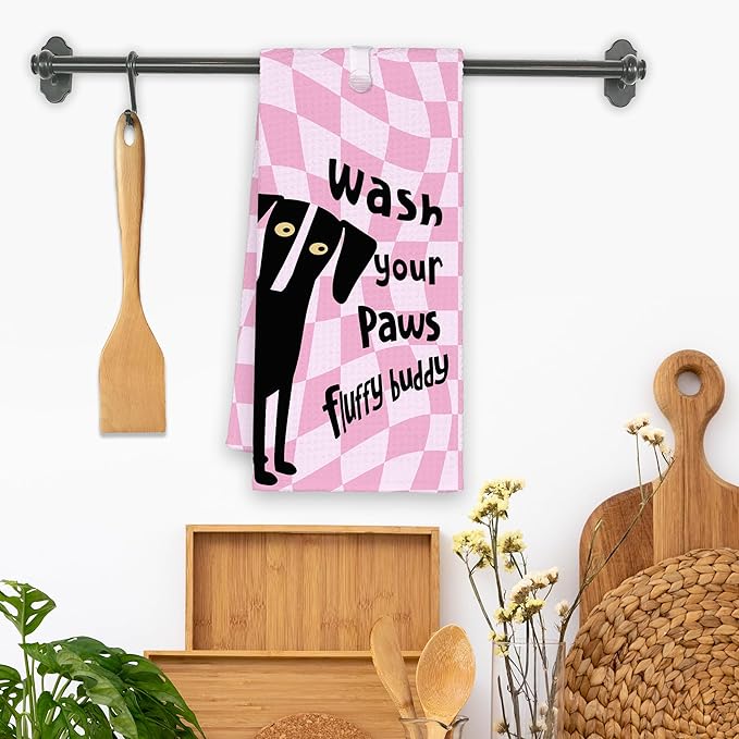 Pink Cute Dog Bathroom Kitchen Towels, Wash Your Paws Hand Towel for Bathroom, Funny Puppy Gifts for Dog Lovers, Trendy Preppy Checkered Dish Towels Decor for Dorm Girly Room 16x24in