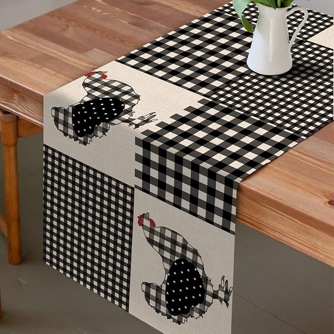 Seliem Farm Animal Chicken Hen Black White Buffalo Plaid Check Table Runner, Farmhouse Chick Home Kitchen Holiday Spring Summer Decor, Easter Country Rustic Burlap Dining Decoration Party Supply 13x90