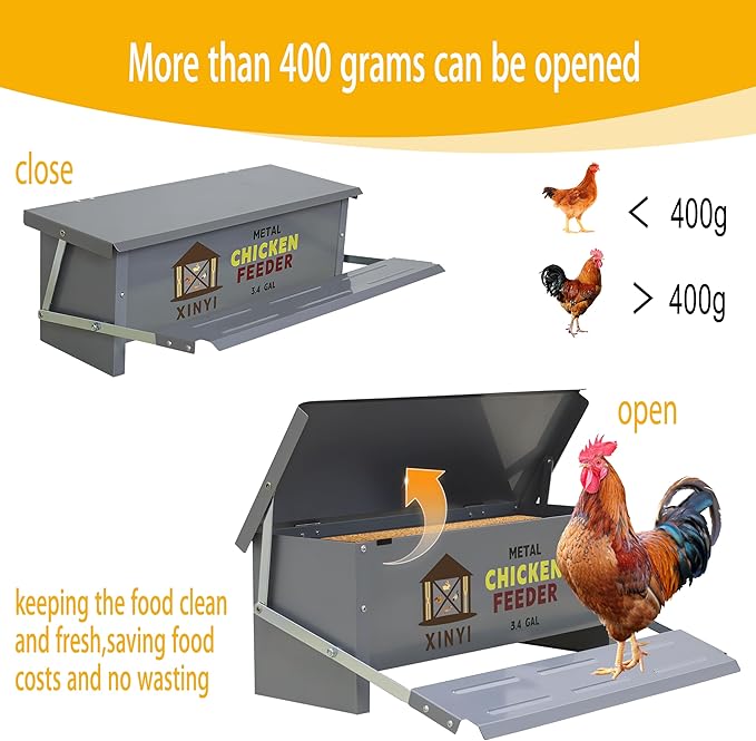 XINYI Chicken Treadle Feeder,25 Lbs Metal Treadle Feeder, No Waste & Rodent Proof Chicken Feeder with Weatherproof Lid, Suitable for Bantams, Poultry, Pheasants - 3.4Gallon Capacity