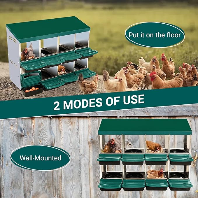 Nesting Box for Chickens, 8 Hole Chicken Nesting Box, Roll Away Nest Boxes to Protect Eggs, Poultry Nest Boxes for Chickens Laying Egg, Green