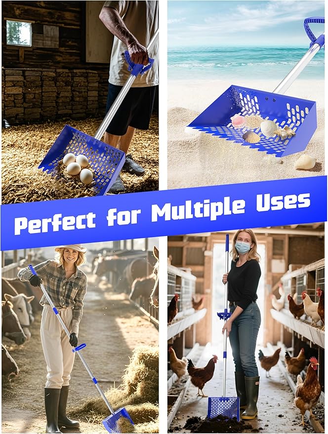 Chicken Poop Scooper & Rake, Metal Sifting Shovel 10" Wide Metal Head, Adjustable Handle to 74", Chicken Coop Scooper with Adjustable Handle for Chicken Coop & Pet Waste Cleaning