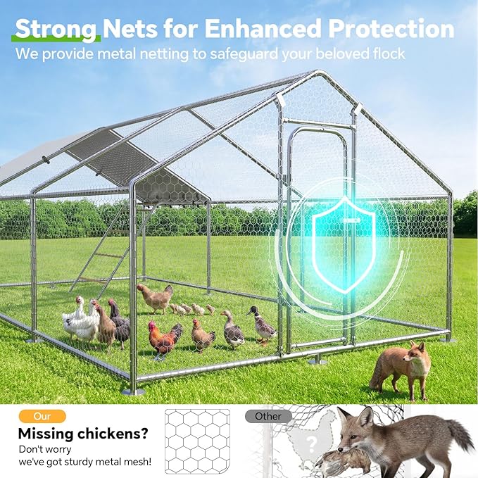 Large Metal Chicken Coop with Waterproof and UV-Resistant Cover,Chicken Run Outdoor Walk-in Cage Rabbit Duck Hen House for Yard Farm Use Spire Roof(10' L x 14.8' W x 6.4' H)