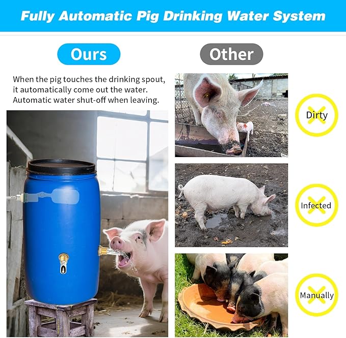 Automatic Pig Waterer Nipple System, Stainless Steel Pig Waterer with Brass Water Tank Connector Kit, Hog Water Drinker Feeder with Float Valve and Garden Hose for Pig Goats Piglets