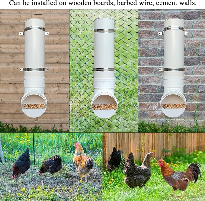 PVC Chicken Feeder,Outdoor Automatic Chicken Feeder,Chicken feeders no Waste,Wall Mount Weatherproof Chicken Gravity Feeder (White)