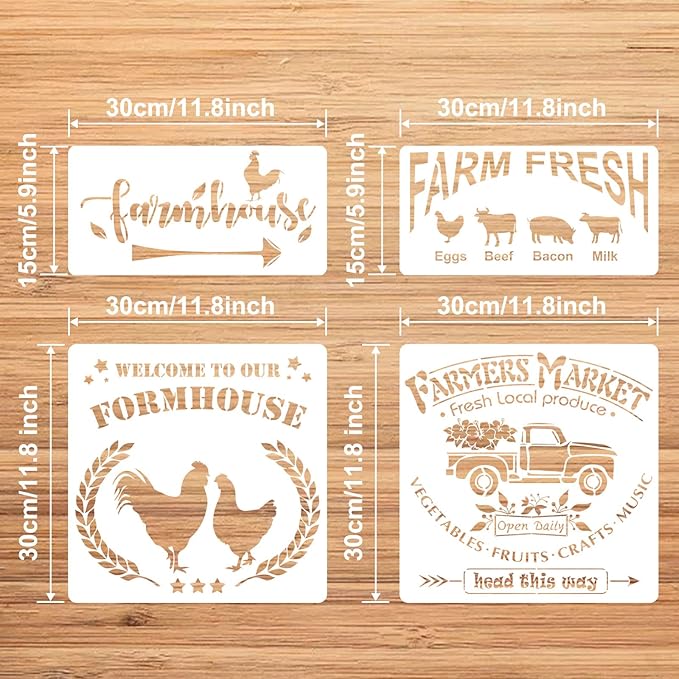 Farmhouse Stencils for Painting on Wood,Farm Fresh Market Reusable Painting Stencils,Large Farm Theme Stencils,Farm Theme Drawing Art Template for Farmhouse Craft Display Prints