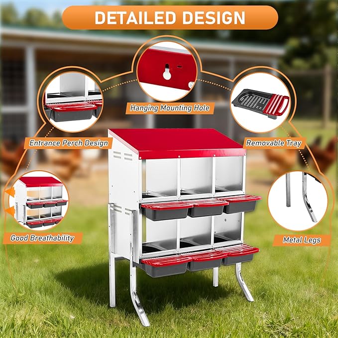 Outvita Chicken Nesting Boxes, 6 Compartments Metal Nesting Boxes for Chickens with Metal Legs, Wall/Floor Mount for Laying Eggs with Swing Perch and Roll Away Egg Collection for Chicken Coop, Red