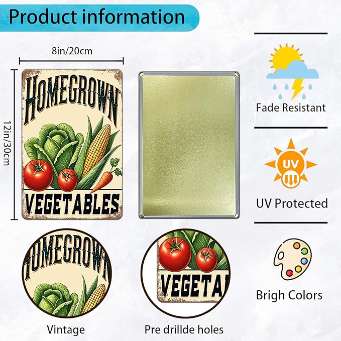 Homegrown Vegetable Wall Decor Vegetable Tomato Corn Metal Tin Sign 12x8 Inch Home Restaurant Kitchen Farm Garden Yard Sign Outdoor Art Wall Decor