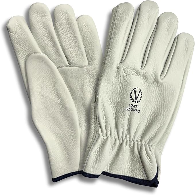 Leather Work Gloves, Light Beige Cow Grain, Straight Thumb Design with Tape Binding (GB-213.14 ST)