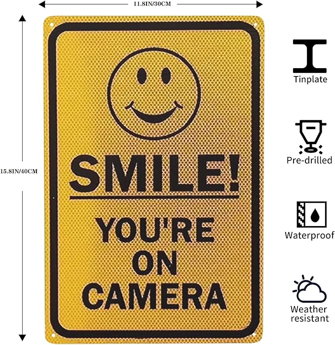 Vintage Metal Tin Sign Smile! You're On Camera With Graphic,Black On Yellow Road Business Sign 12x16 Inches Traffic Tin Painting