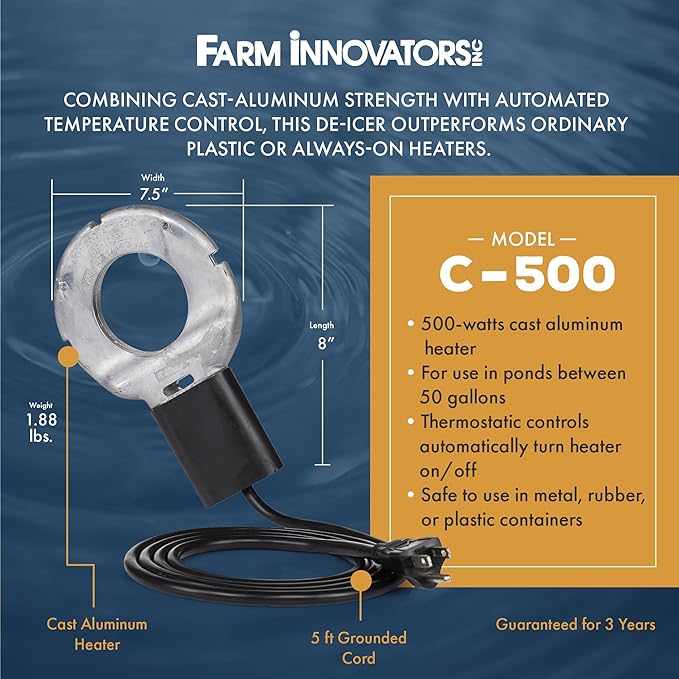 Farm Innovators C-500 Submergible Cast Aluminum Utility Water De-Icer, Powered at 500 Watts with 50 Gallon Capacity for Versatile Farm Use