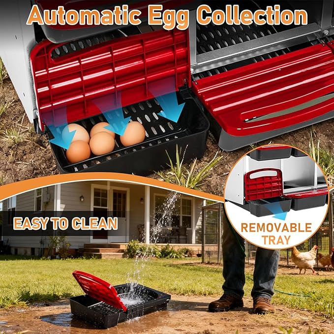 Metal Chicken Nesting Box, 6 Compartments Wall Mount Hen Laying Box with Roll Away Egg Collection & Swing Perch for Chicken Coop (Red)