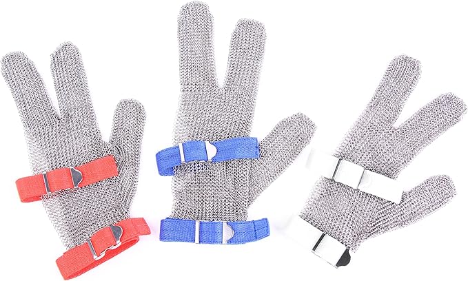 3-Finger Chainmail Glove, Stainless Steel Metal Cut Resistant Glove with Strap (3-Finger, Small (Pack of 1))